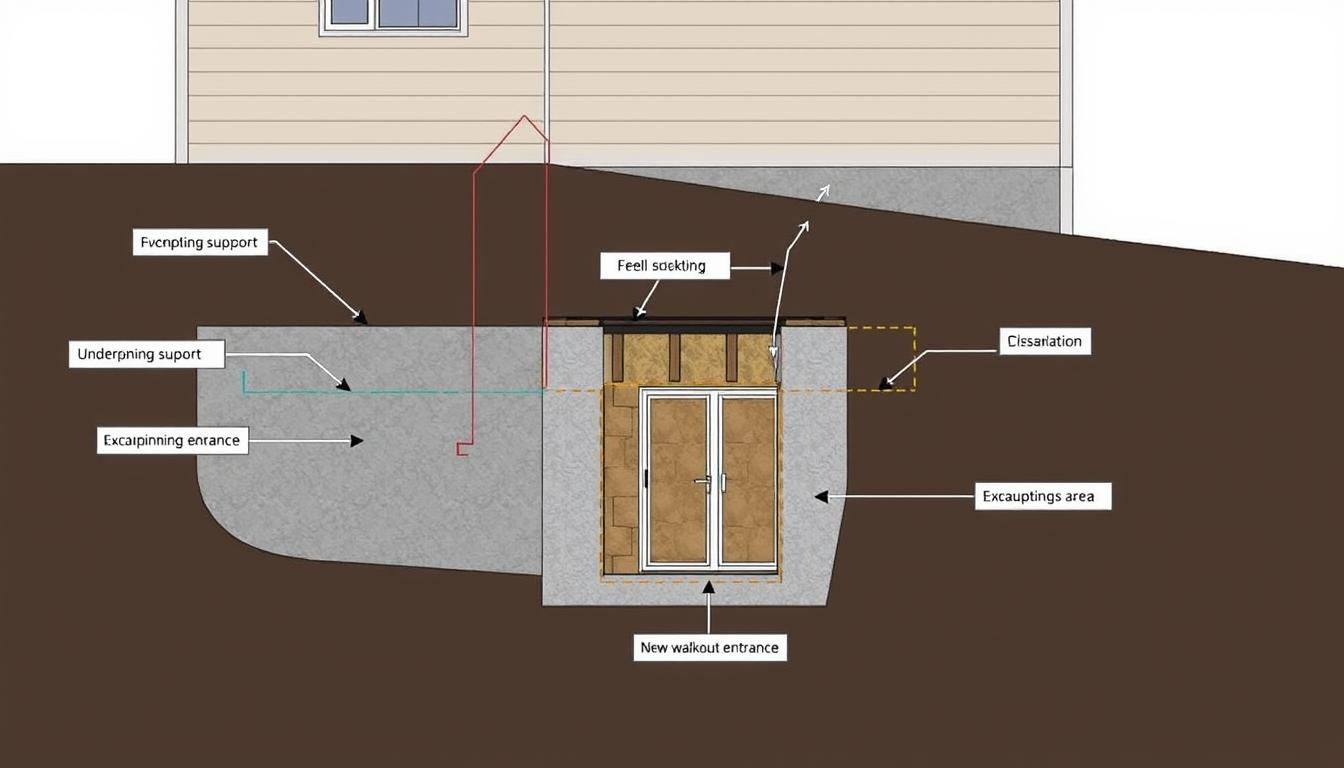 Diagram showing basement underpinning for a walk-out basement with labeled components