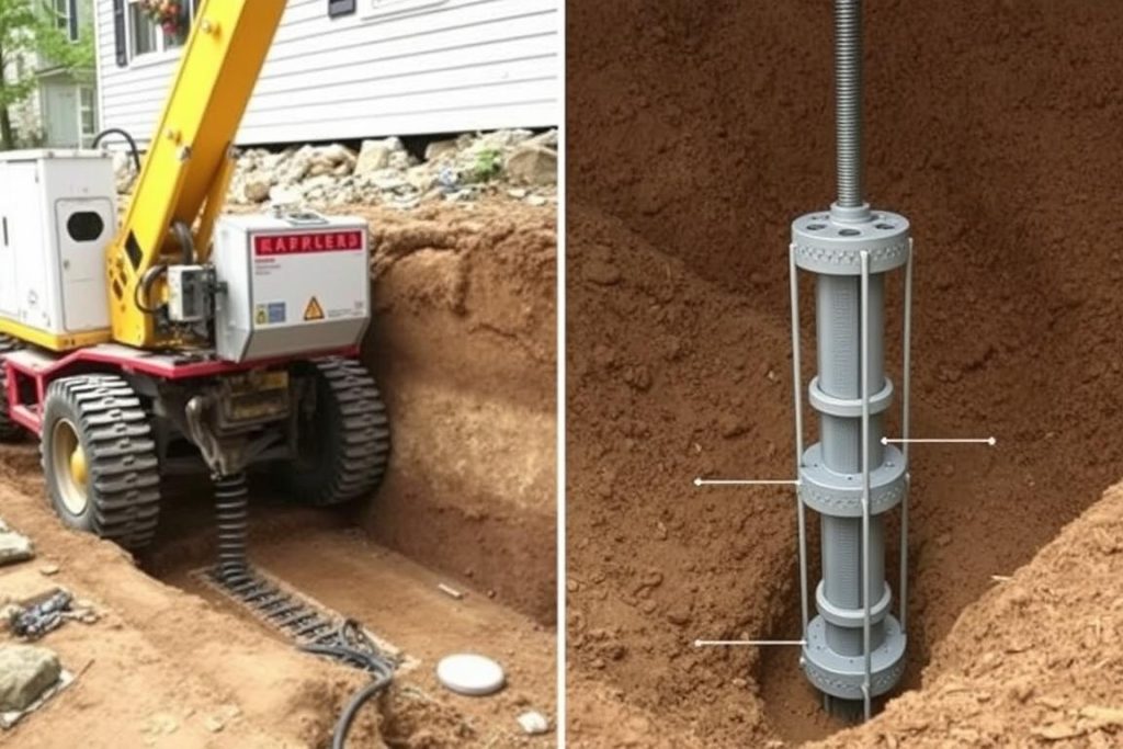Helical pier underpinning system for walk-out basement