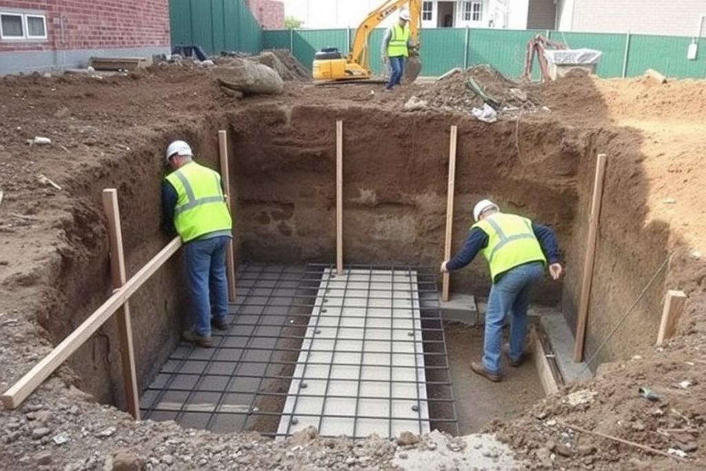 Walk-out basement construction showing underpinning work in progress