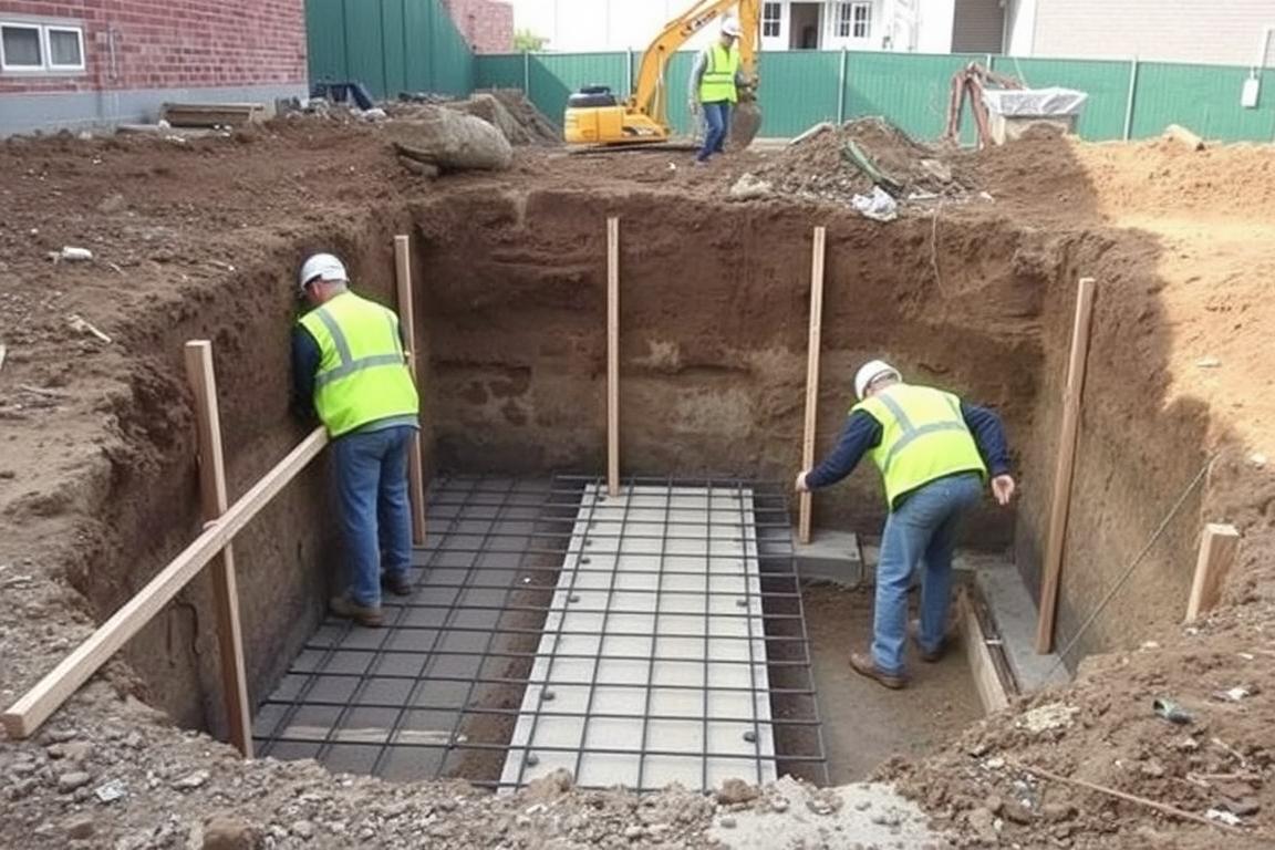 Walk-out basement construction showing underpinning work in progress