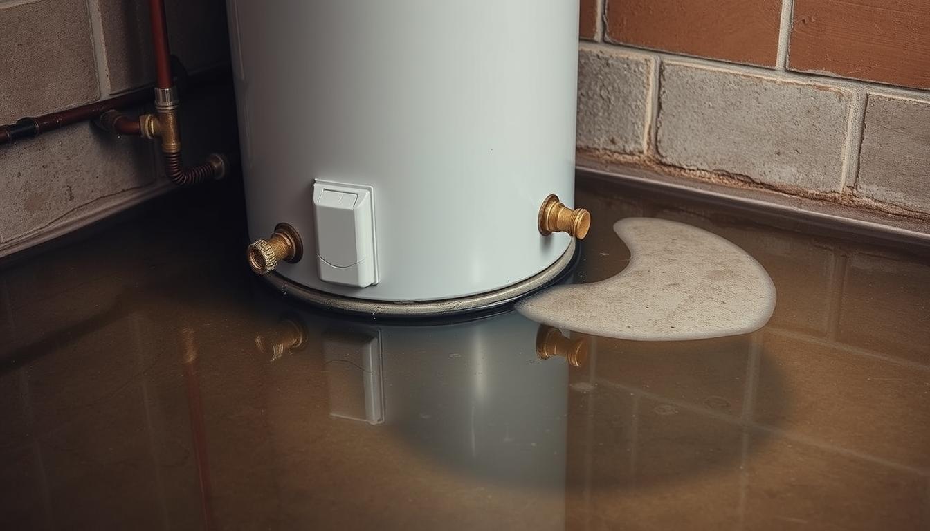 Flooded basement from water heater installation mistakes showing water damage and leaking tank