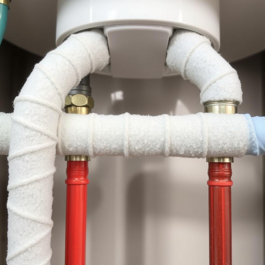 Properly insulated water heater pipes showing hot and cold water lines