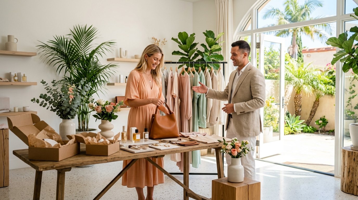 Guest browsing gifted products at a brand seeding suite in a sunlit West Hollywood studio